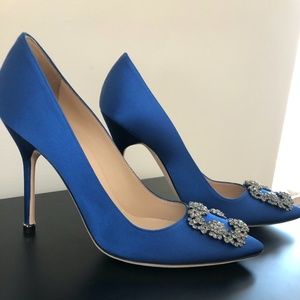 Monolo Blahnik Hangisi Blue Satin Jewel Buckle